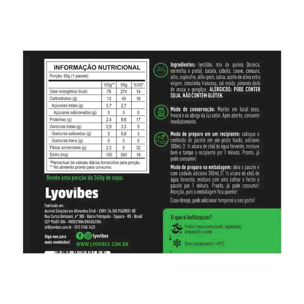 Sopa Verde Lentilha e Quinoa com Vegetais 65g Liofilizado Lyovibes