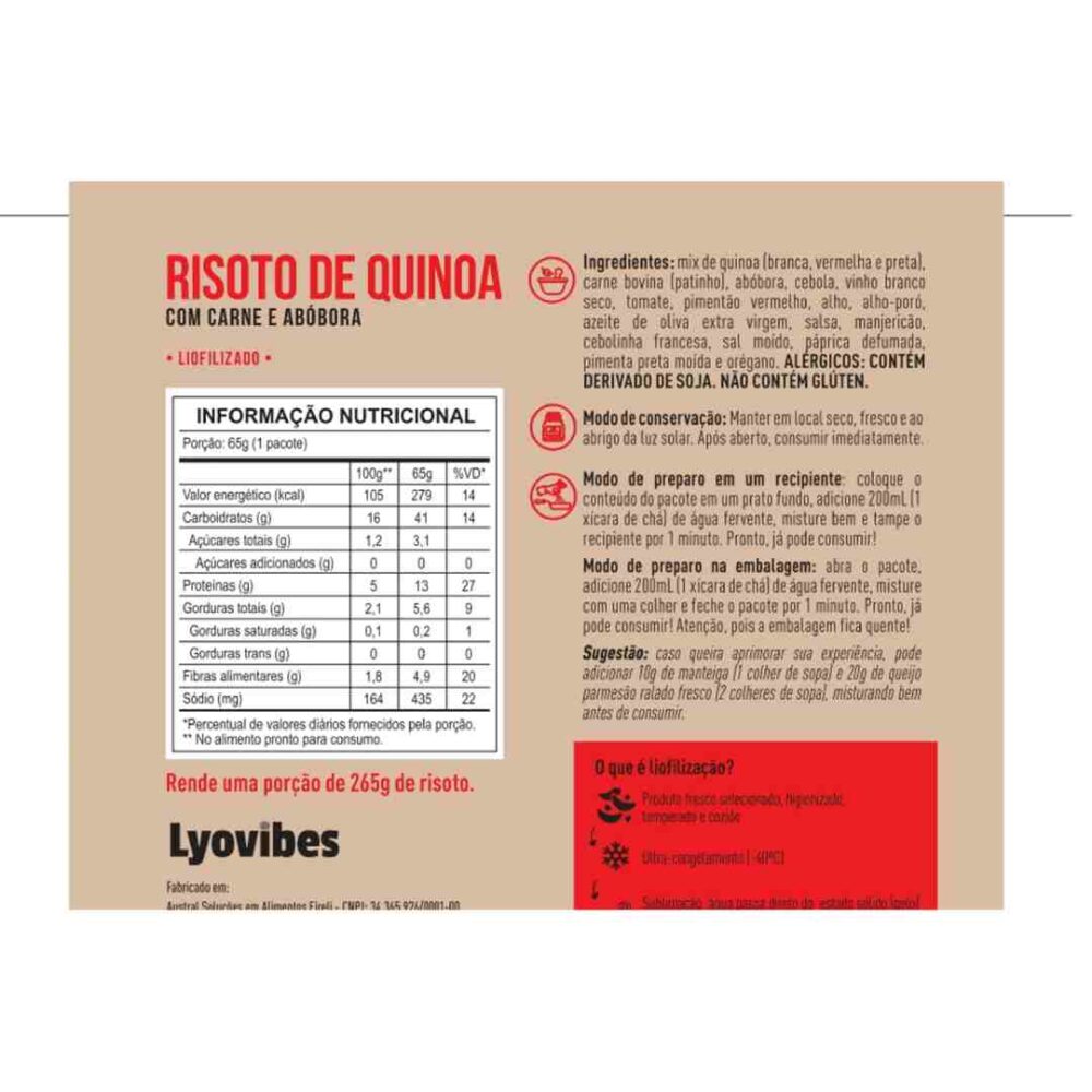 Risoto de Quinoa com Carne e Abóbora 65g Liofilizado Lyovibes